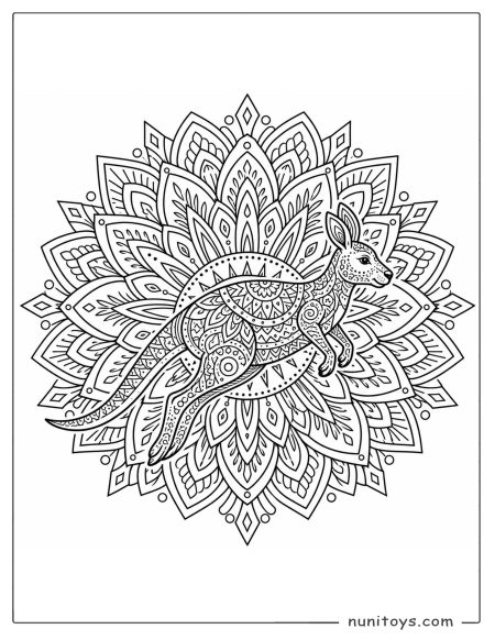 Kangaroo Mandala Coloring Page with Geometric Flower Patterns