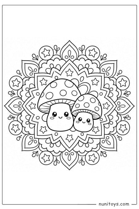 Kawaii Mushroom Pair Star Mandala Coloring Sheet