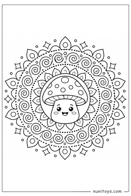 Kawaii Mushroom Spiral Mandala Coloring Activity