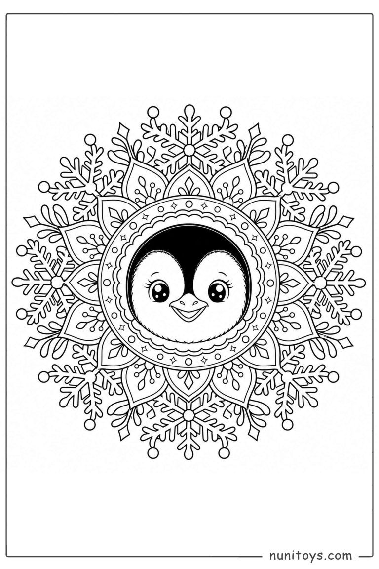 Coloriage tête de bébé pingouin dans un mandala de flocons