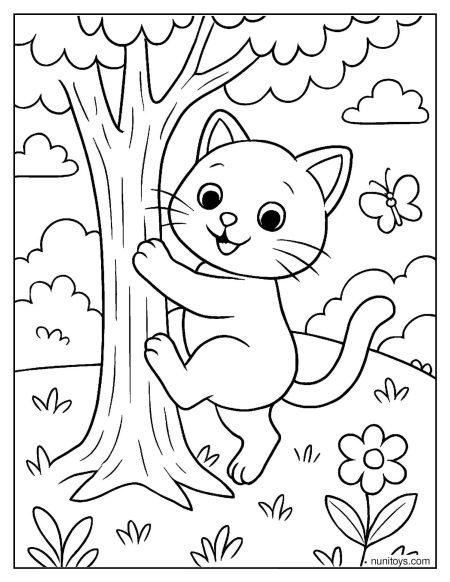 Kitten Climbing a Tree in a Garden Scene Coloring Sheet