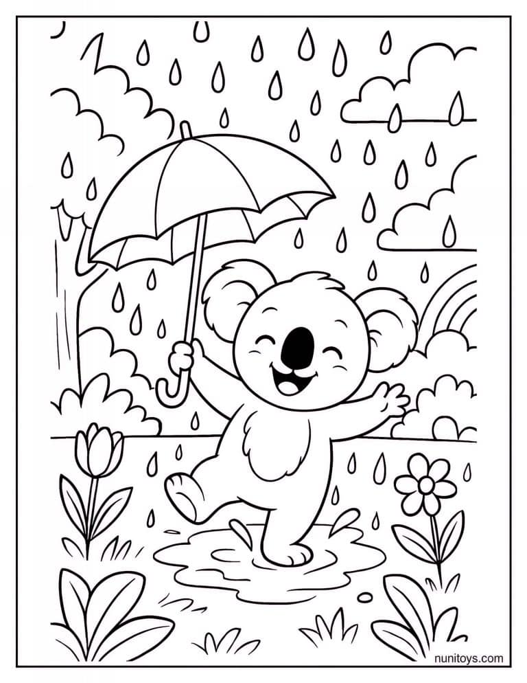 Coloriage koala dansant sous la pluie avec un parapluie