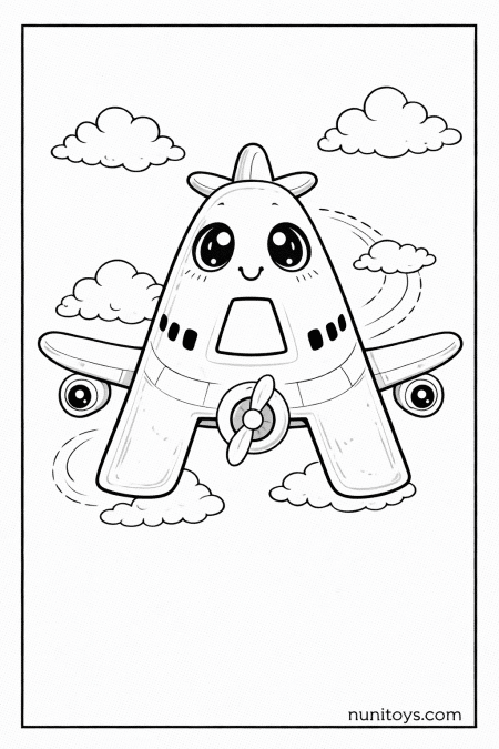 Letter A Airplane Coloring Page with Cute Smiling Plane