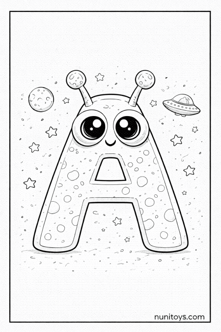 Letter A Alien Coloring Page with Cute Big Eyes