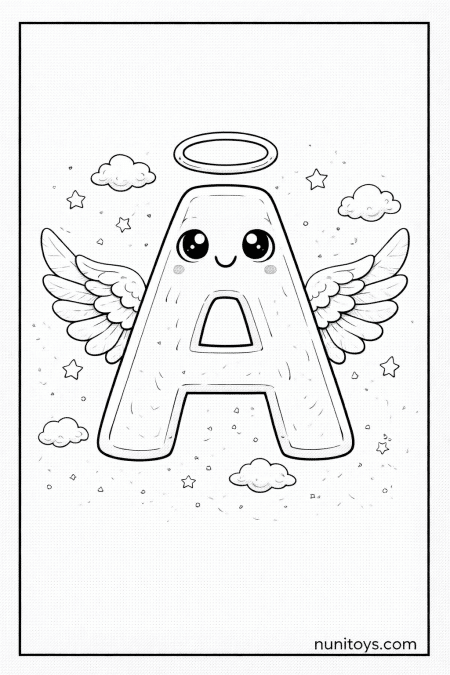 Letter A Angel Coloring Page with Cute Wings and Halo