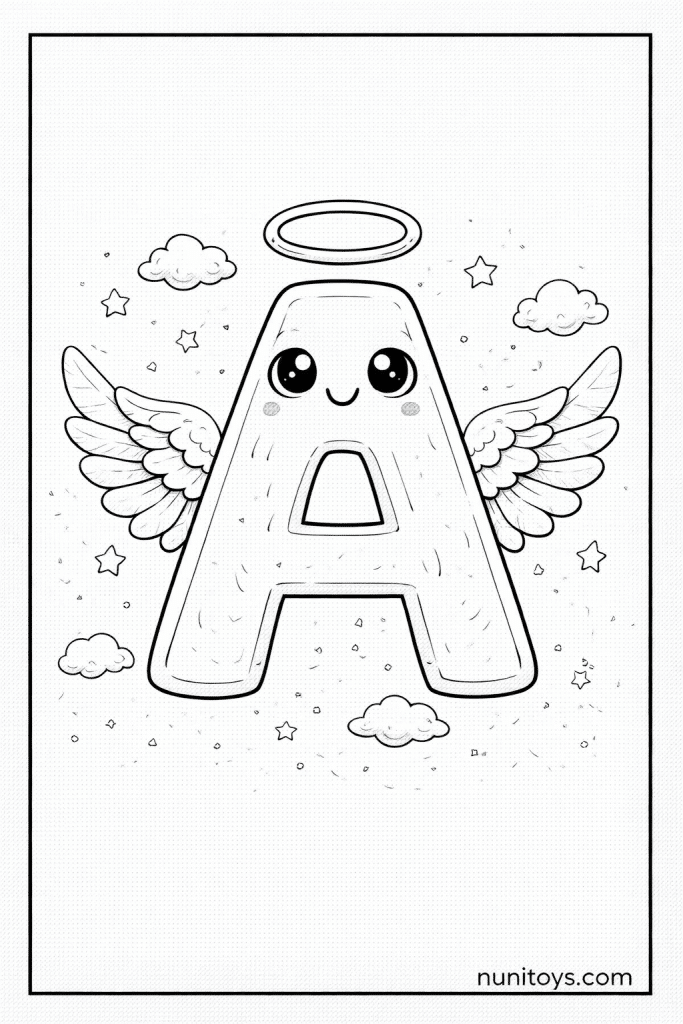 Letter A Angel Coloring Page with Cute Wings and Halo