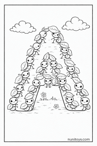 Letter A Ant Coloring Page with Cute Smiling Ants