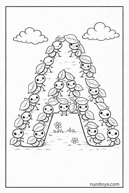 Letter A Ant Coloring Page with Cute Smiling Ants