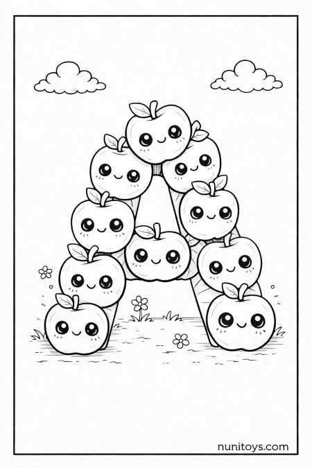 Letter A Apple Coloring Page with Cute Smiling Apples