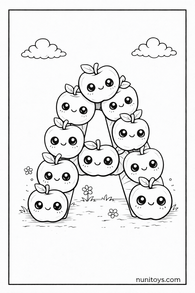 Letter A Apple Coloring Page with Cute Smiling Apples