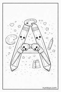 Letter A Art Tools Coloring Page with Cute Brushes and Pencils