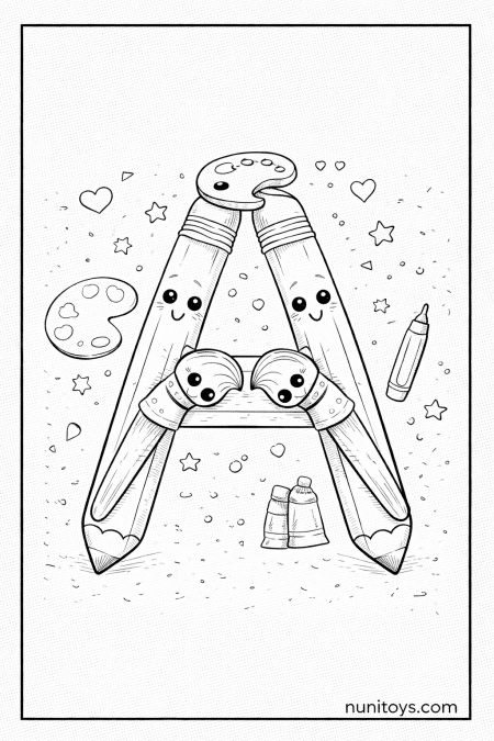 Letter A Art Tools Coloring Page with Cute Brushes and Pencils