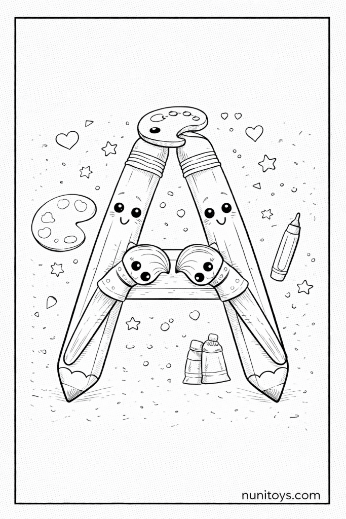 Letter A Art Tools Coloring Page with Cute Brushes and Pencils