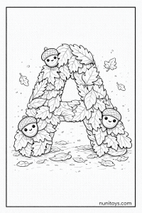 Letter A Autumn Leaves Coloring Page with Cute Acorns