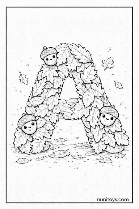 Letter A made of soft autumn leaves with little smiling acorns coloring page