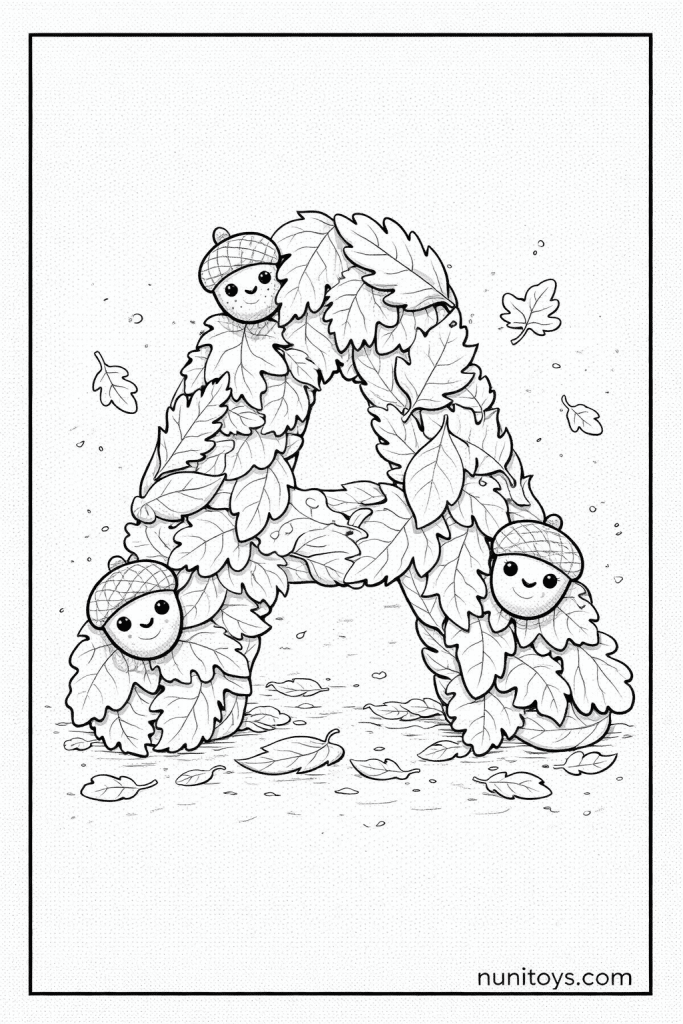 Letter A made of soft autumn leaves with little smiling acorns coloring page