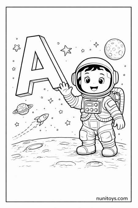 Little Astronaut with Letter A Space Coloring Page