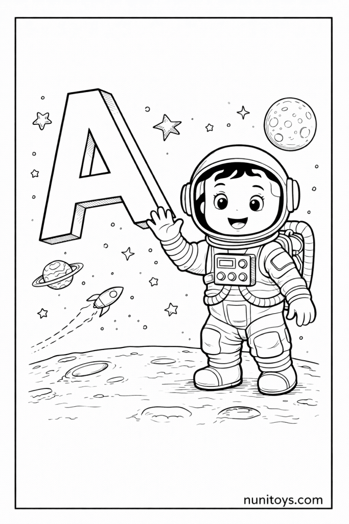 Little Astronaut with Letter A Space Coloring Page