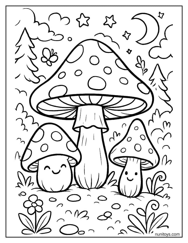 דף צביעה פטריות קסומות חמודות ביער