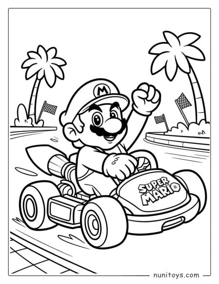 Mario conduciendo un kart de carreras página para colorear