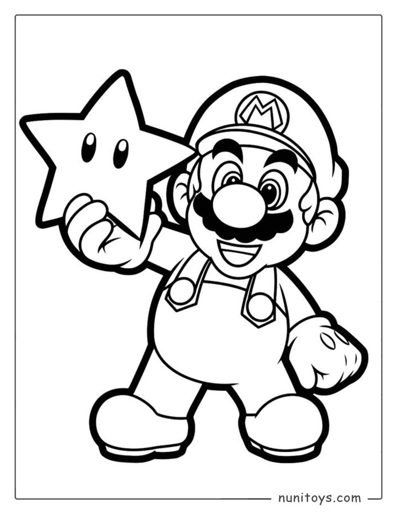 Mario sosteniendo una estrella de poder página para colorear