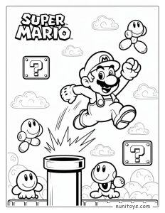 Coloriage de Mario sautant hors d’un tuyau dans le monde de Super Mario