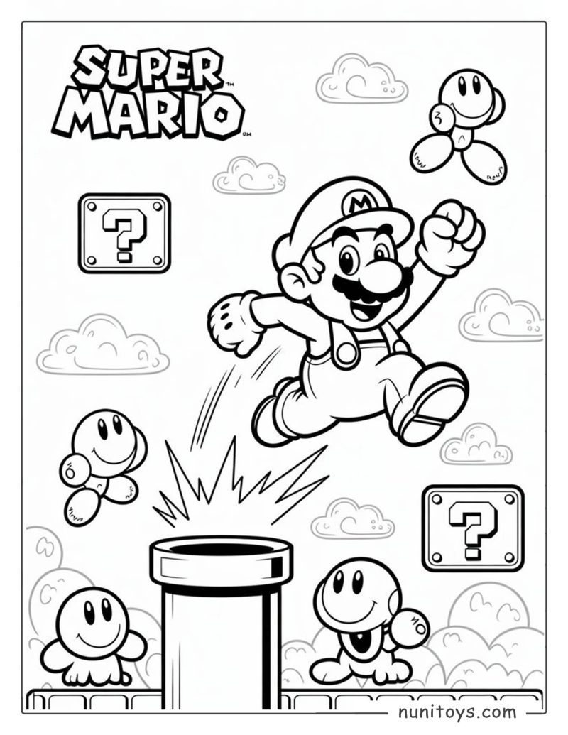 Mario saltando fuera de una tubería página para colorear