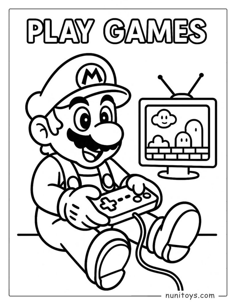 Coloriage de Mario jouant aux jeux vidéo devant un écran