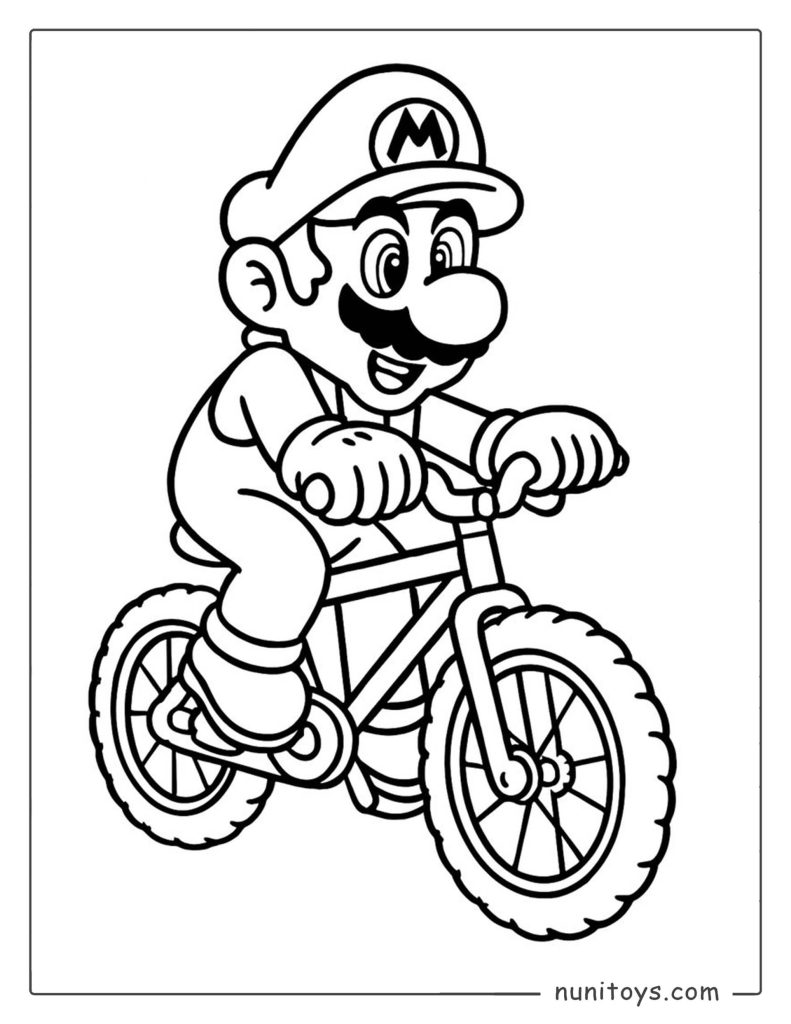 Coloriage de Mario faisant du vélo sur un petit vélo