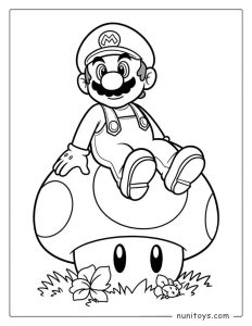 Mario sentado sobre un hongo gigante página para colorear