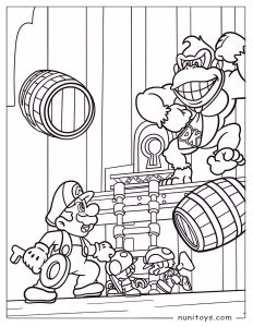 Mario and Donkey Kong Barrel Chase Coloring Page
