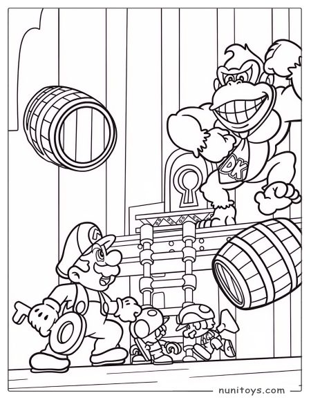 Mario and Donkey Kong Barrel Chase Coloring Page