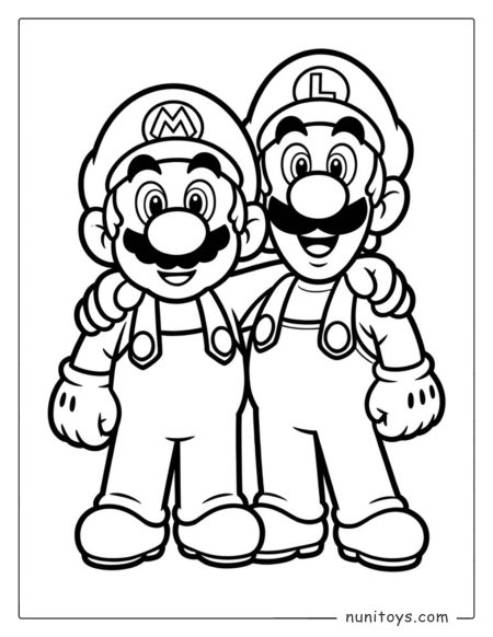 Coloriage de Mario et Luigi debout ensemble prêts pour une aventure