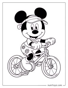 Página para colorear Mickey Mouse andando en bicicleta