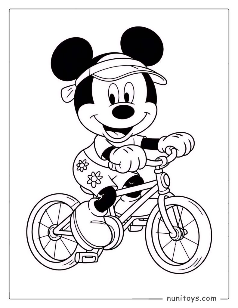 Página para colorear Mickey Mouse andando en bicicleta