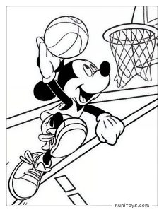 Página para colorear Mickey Mouse jugando baloncesto