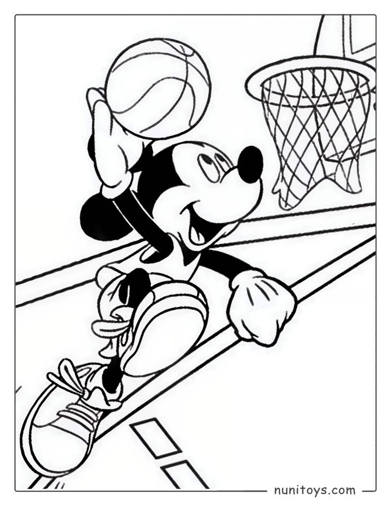 Página para colorear Mickey Mouse jugando baloncesto
