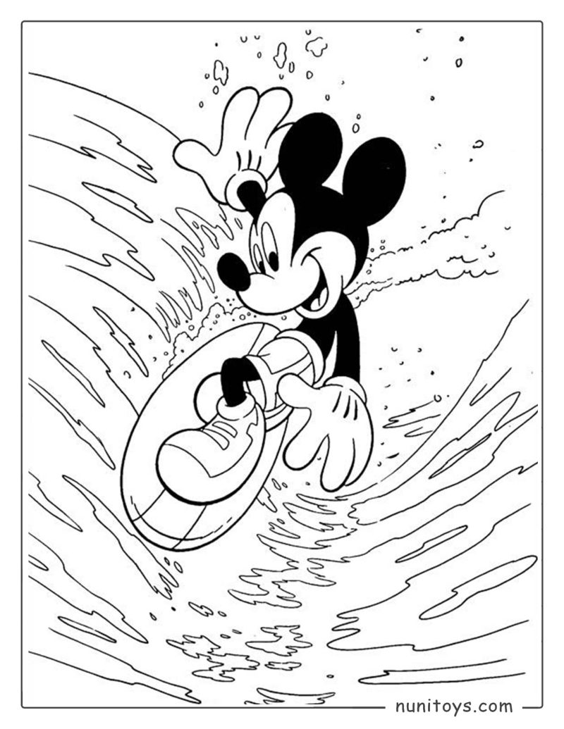 Página para colorear Mickey Mouse surfeando