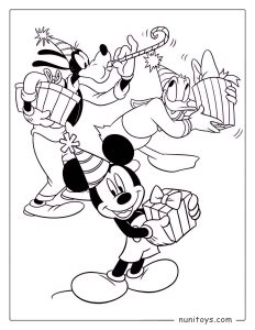 Página para colorear Mickey Mouse y sus amigos en una fiesta de cumpleaños
