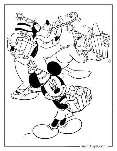 Página para colorear Mickey Mouse y sus amigos en una fiesta de cumpleaños