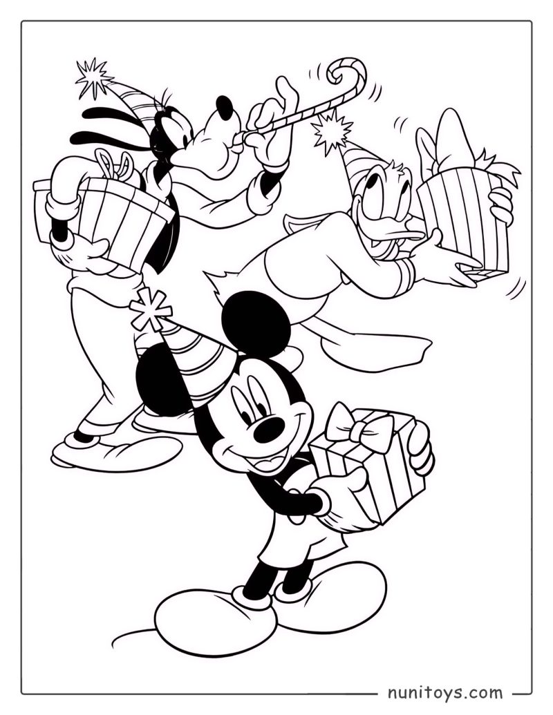 Página para colorear Mickey Mouse y sus amigos en una fiesta de cumpleaños