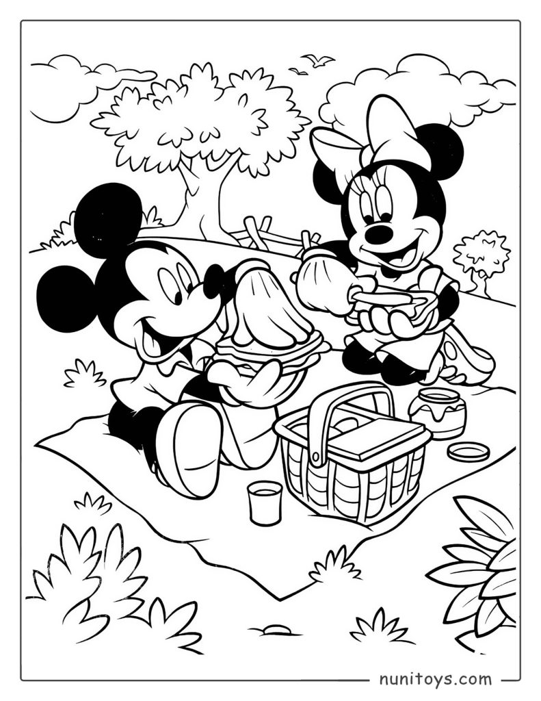 Página para colorear Mickey Mouse y sus amigos de picnic