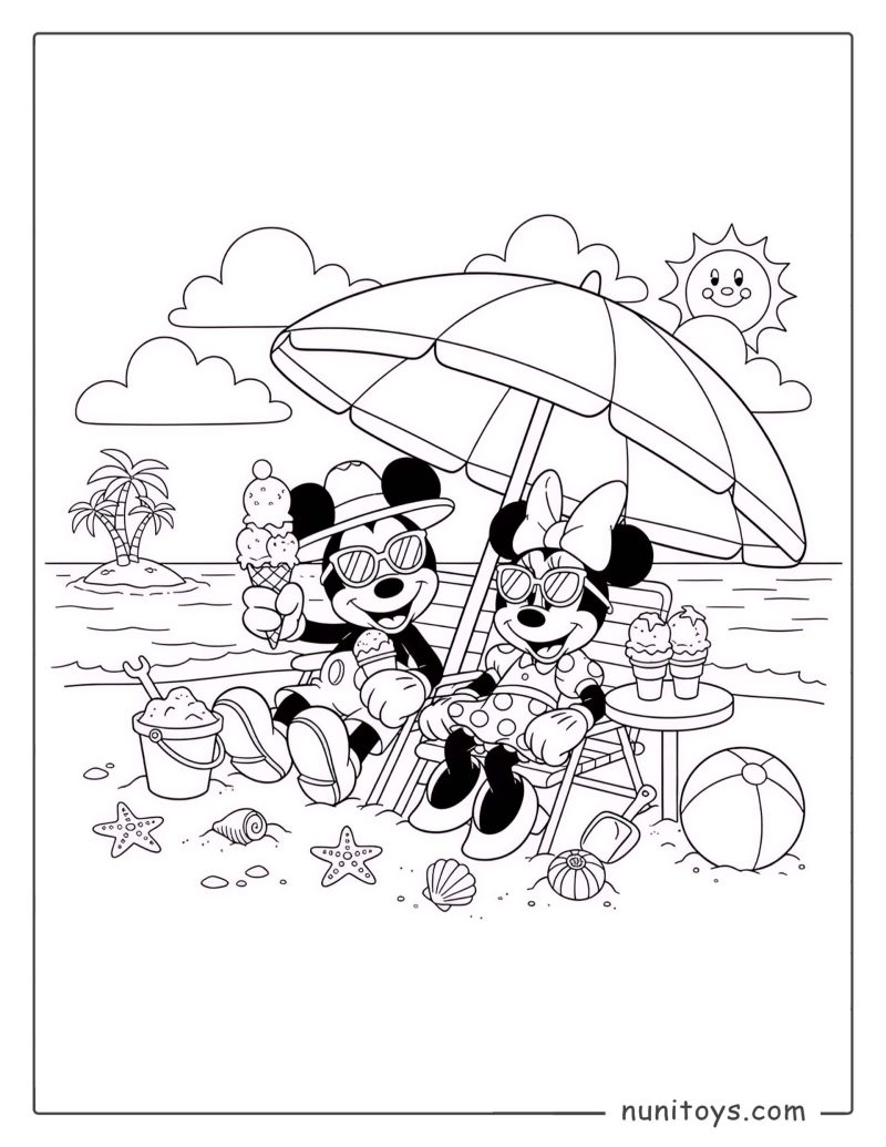 Página para colorear Mickey Mouse y sus amigos en la playa