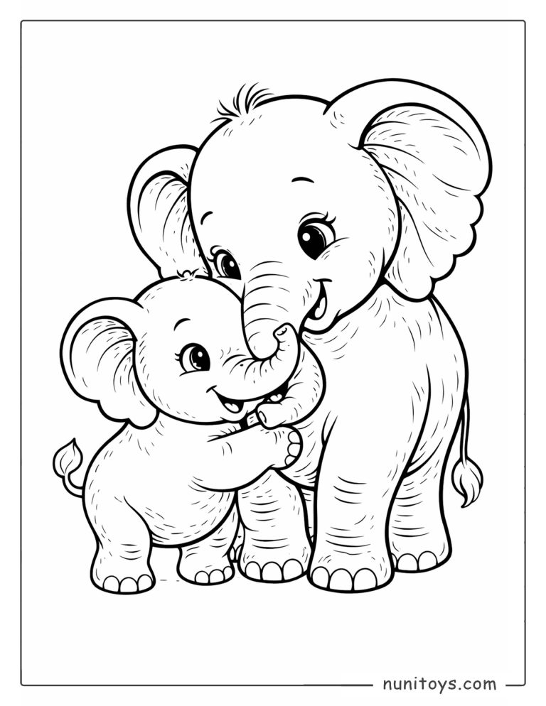 Coloriage grand éléphant câlinant un éléphanteau