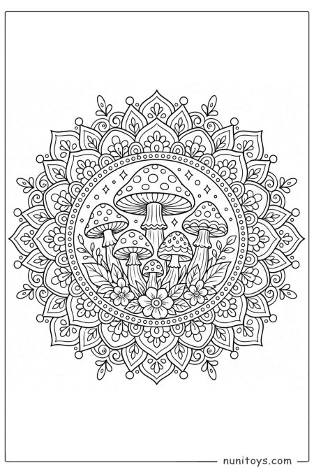 Mushroom Garden Mandala Printable Coloring Page