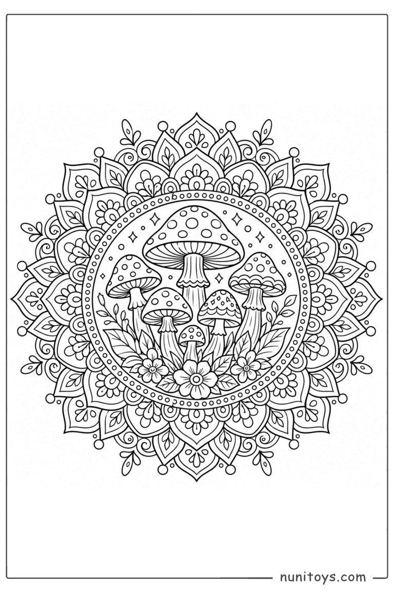Coloriage groupe de champignons dans un mandala floral détaillé