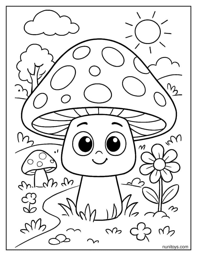 דף צביעה פטרייה חמודה עם עיניים גדולות בטבע