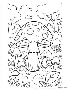 דף צביעה פטריות ביער עם פרפר