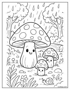דף צביעה פטריות חמודות ביער בגשם עם פרצופים
