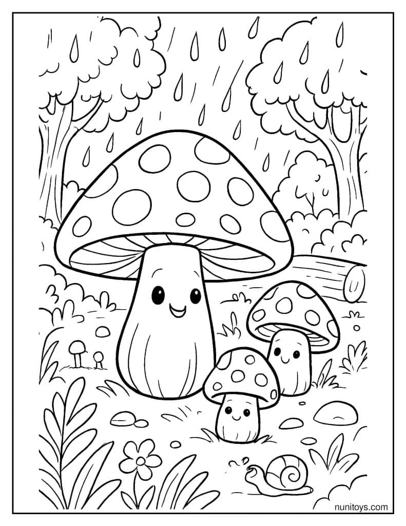 דף צביעה פטריות חמודות ביער בגשם עם פרצופים